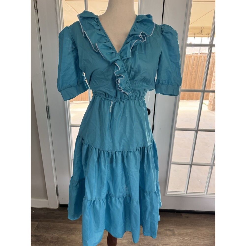 Square Swing Dance Dress Western Vintage Tiered Ruffled Blue 70s Small Medium